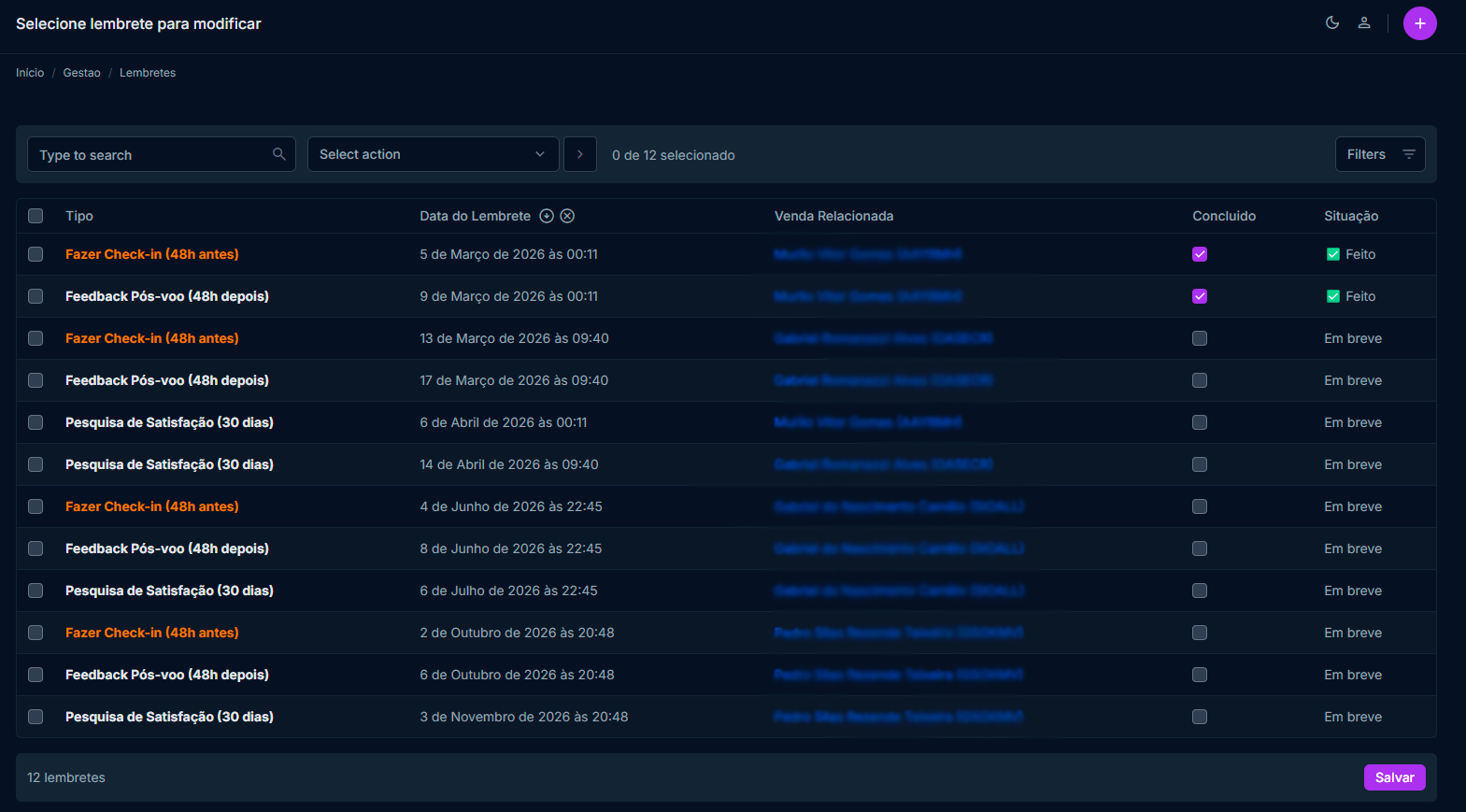 Gestão de lembretes